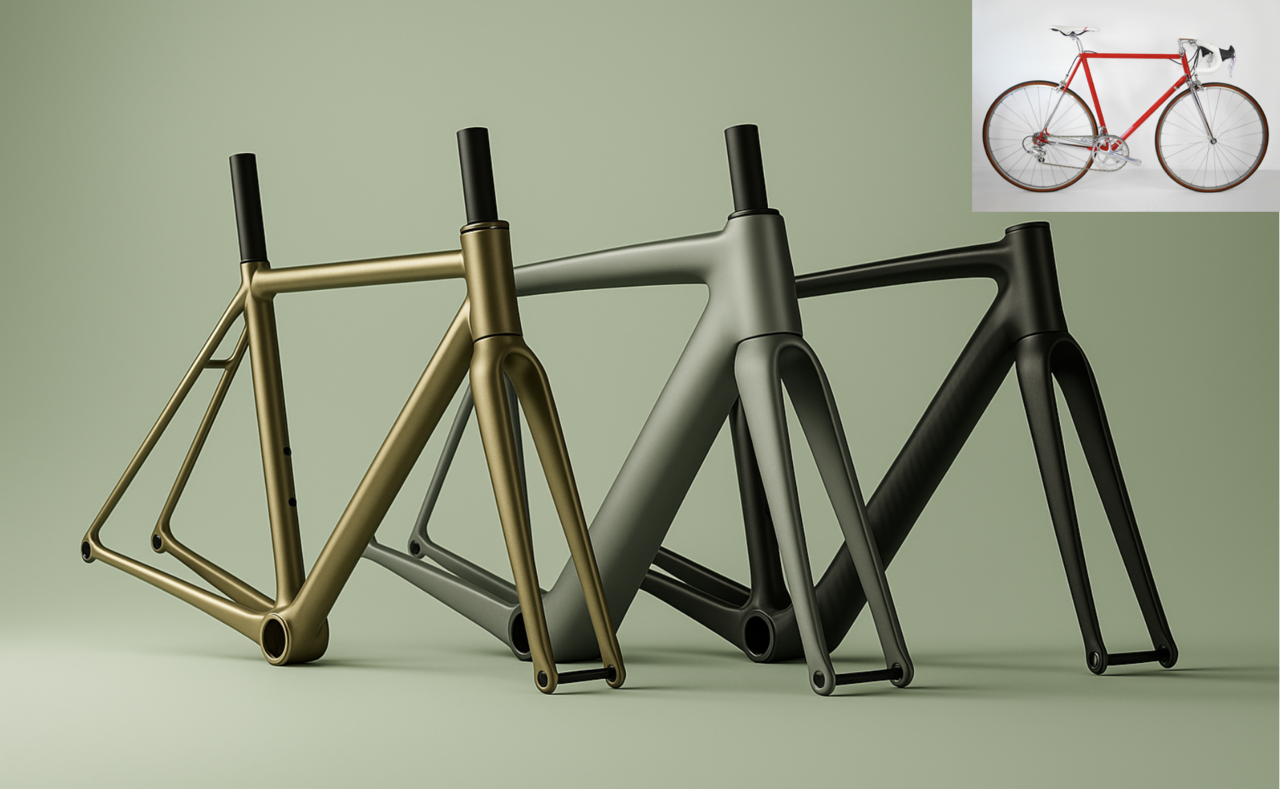 フレーム（自作），自転車（写真ACより）　図1 　自転車フレーム（左：鋼製、中央：アルミニウム製、右：カーボン製）