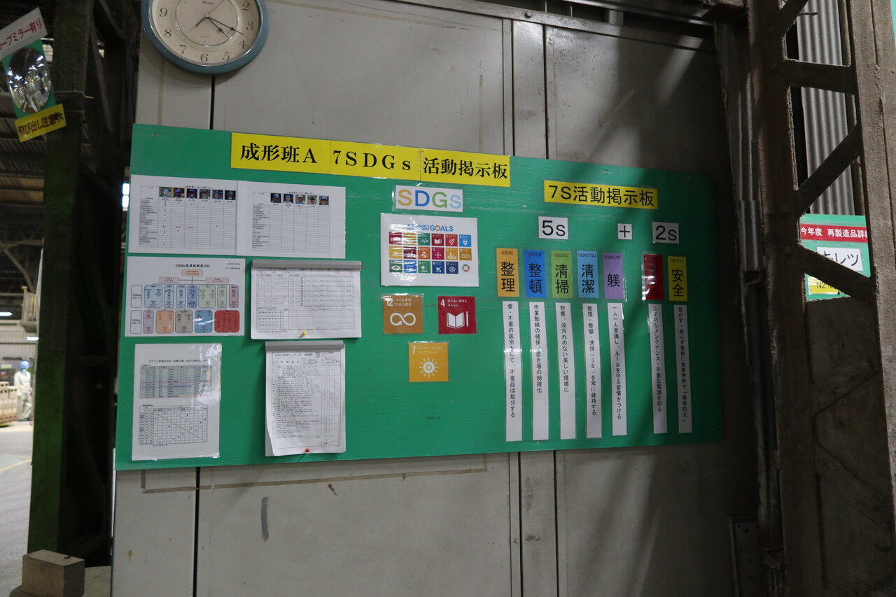 「7SDGs」活動掲示板。推進計画表の作成、点検表の実施はISO品質マニュアルにも明記