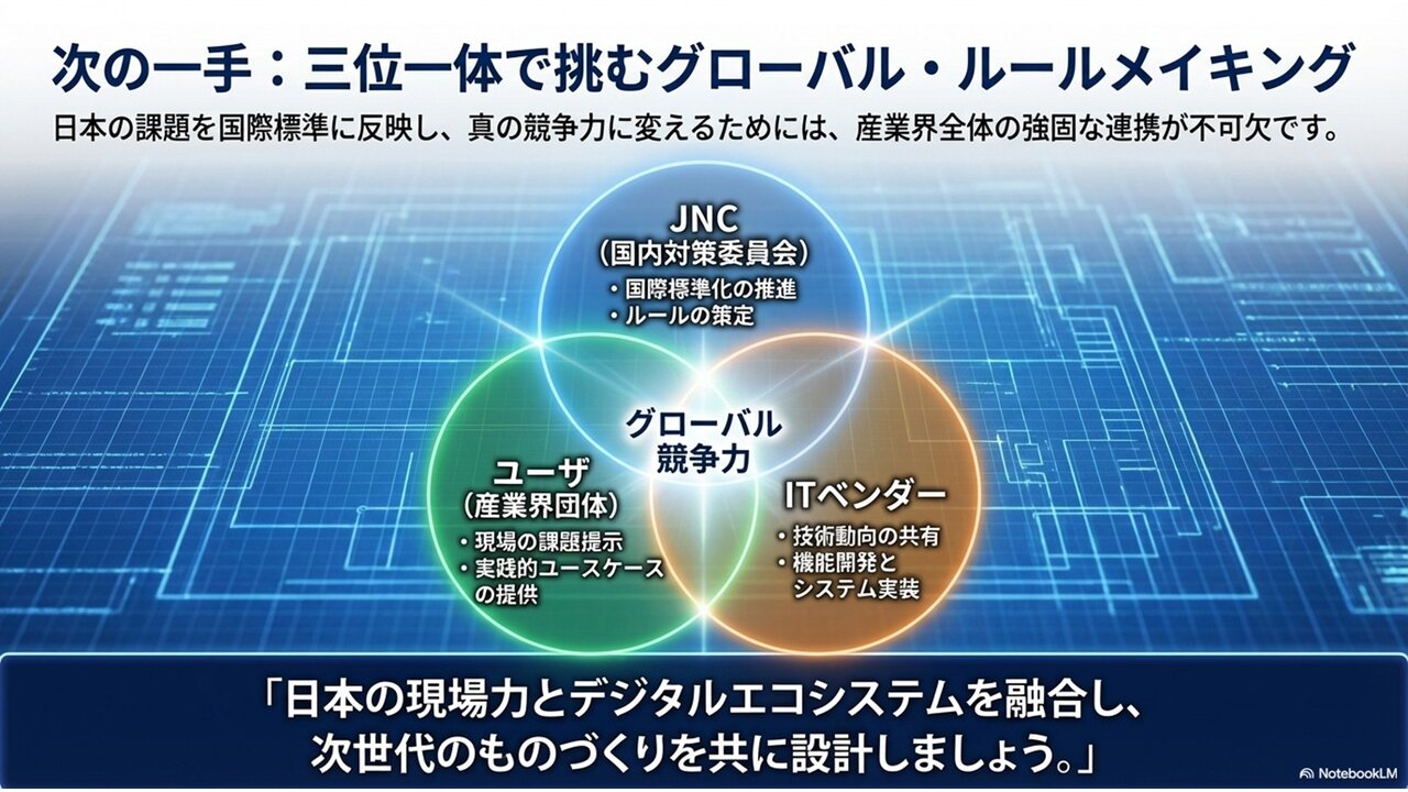 ユーザーとIT ベンダー、標準化組織の三位一体の連携が不可欠（画像提供：製造科学技術センター）