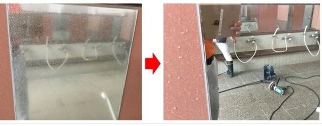 写真1　筆者の仕事風景。水垢で汚れた鏡がピカピカに。きれいになると気持ちいがいい