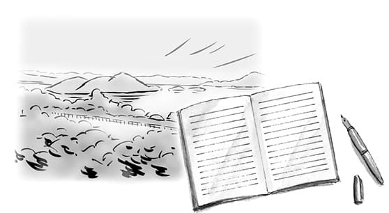イメージイラスト：旅行先の風景、ノート、万年筆