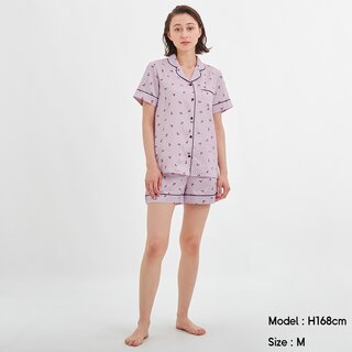 GU｜サテンパジャマ(半袖&ショートパンツ)(チェリー) (101674)