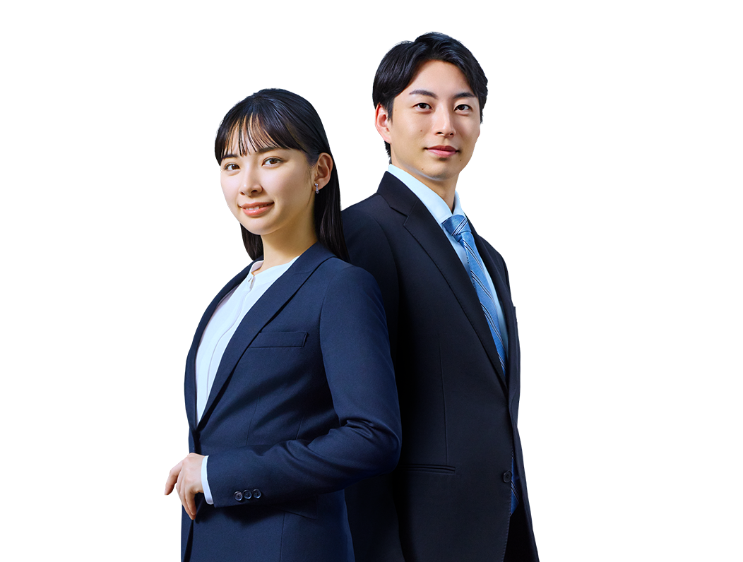 パソコンを持った男性とノートを開いた女性が背中合わせに立ってる