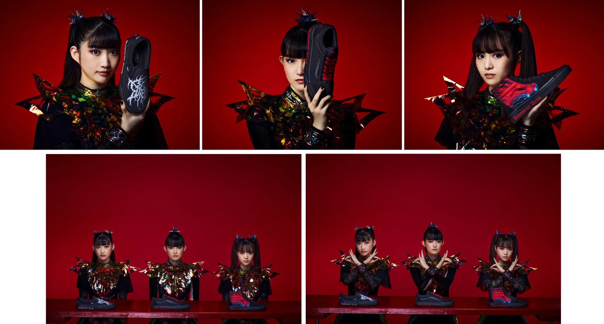 BABYMETALのメンバーが、それぞれのデザインのBABYMETALコラボスニーカーを持ってポーズをとっている写真
