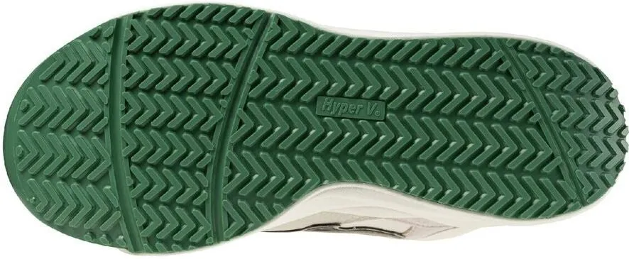 靴の底面の画像です。緑色のラバーソールで、Hyper Vのロゴが見えます。