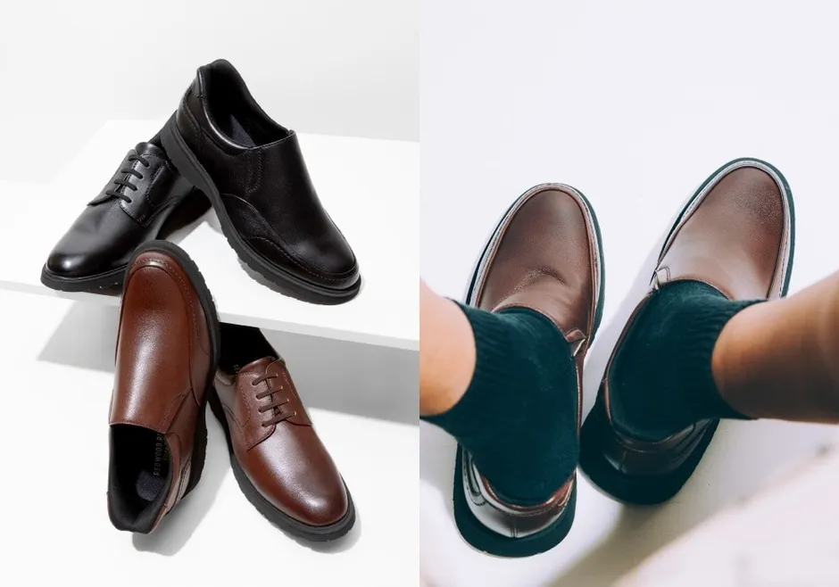 革靴の様々なスタイルの写真、茶色と黒色の革靴が配置されています。