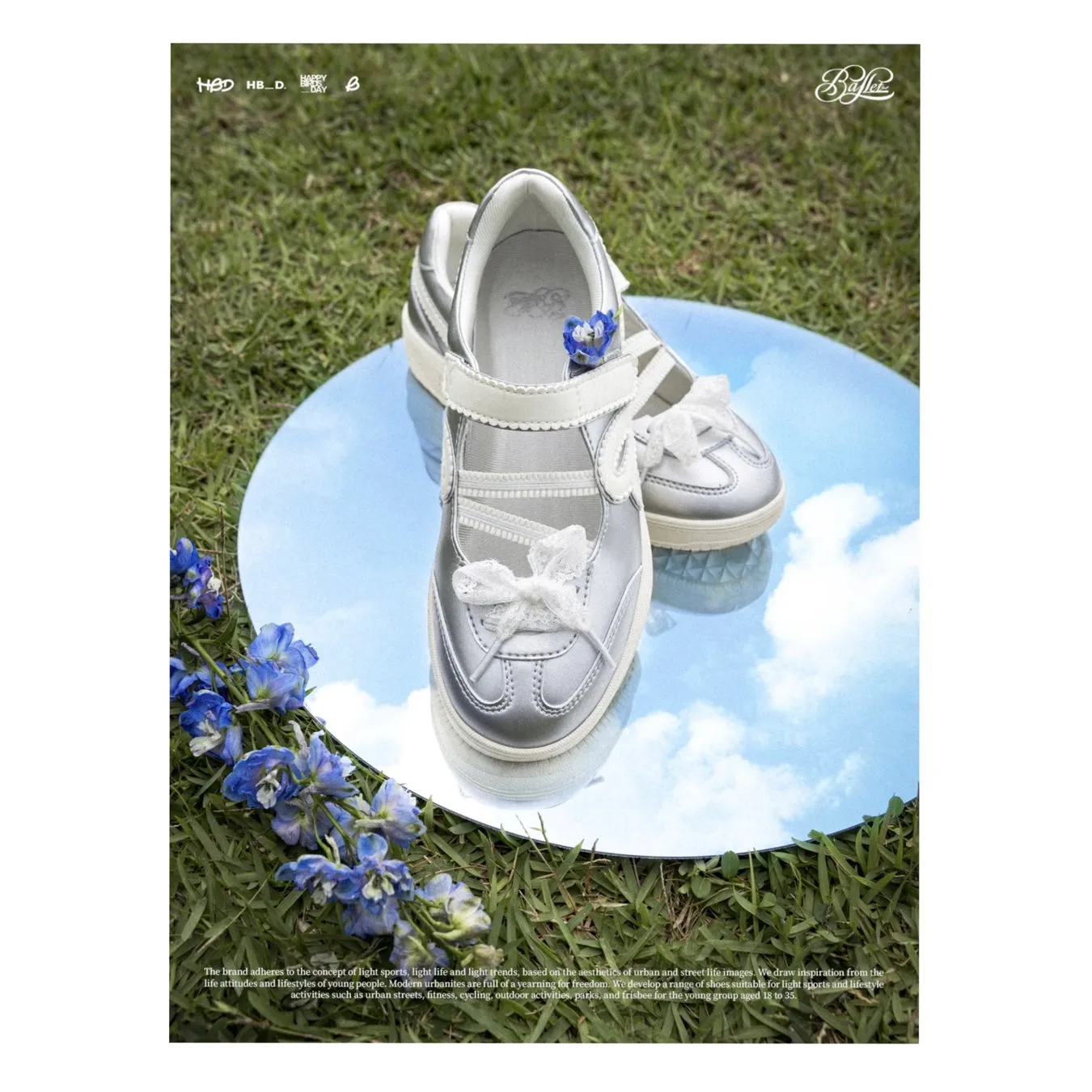 まるでアート作品のような銀色のスニーカー。ブランドのデザイン性の高さがうかがえます。