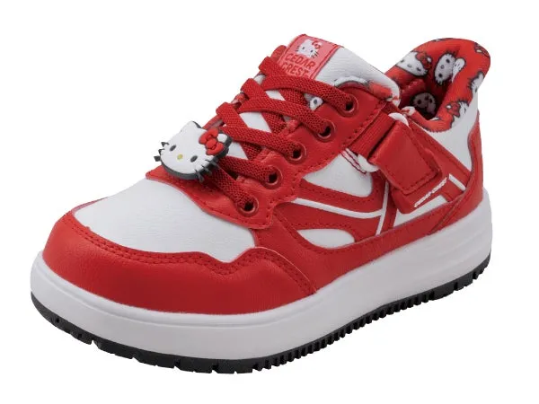 ハローキティのイラストが特徴的な、赤と白を基調としたスニーカー。