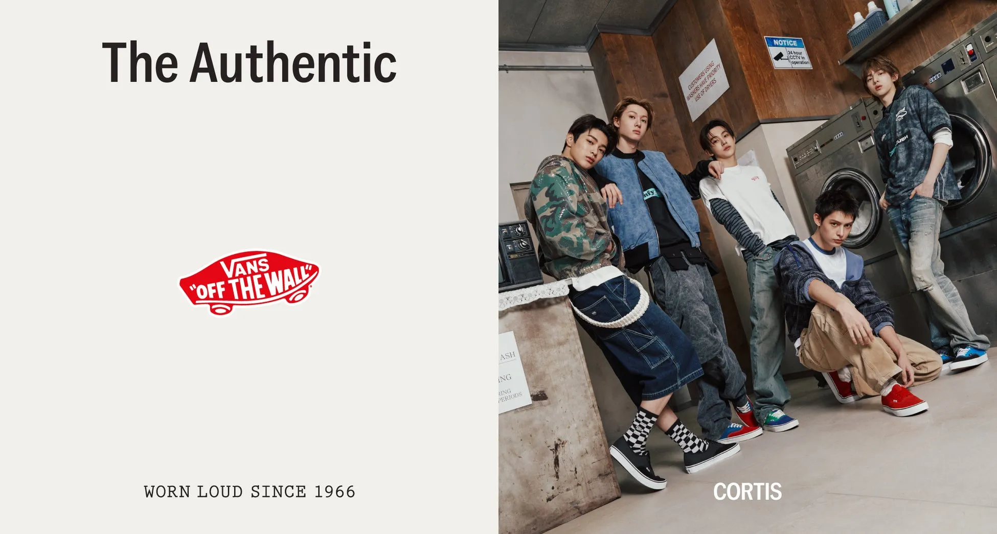 Vansの広告画像。複数の男性モデルが、洗濯機の前で様々なファッションアイテムを身につけている。