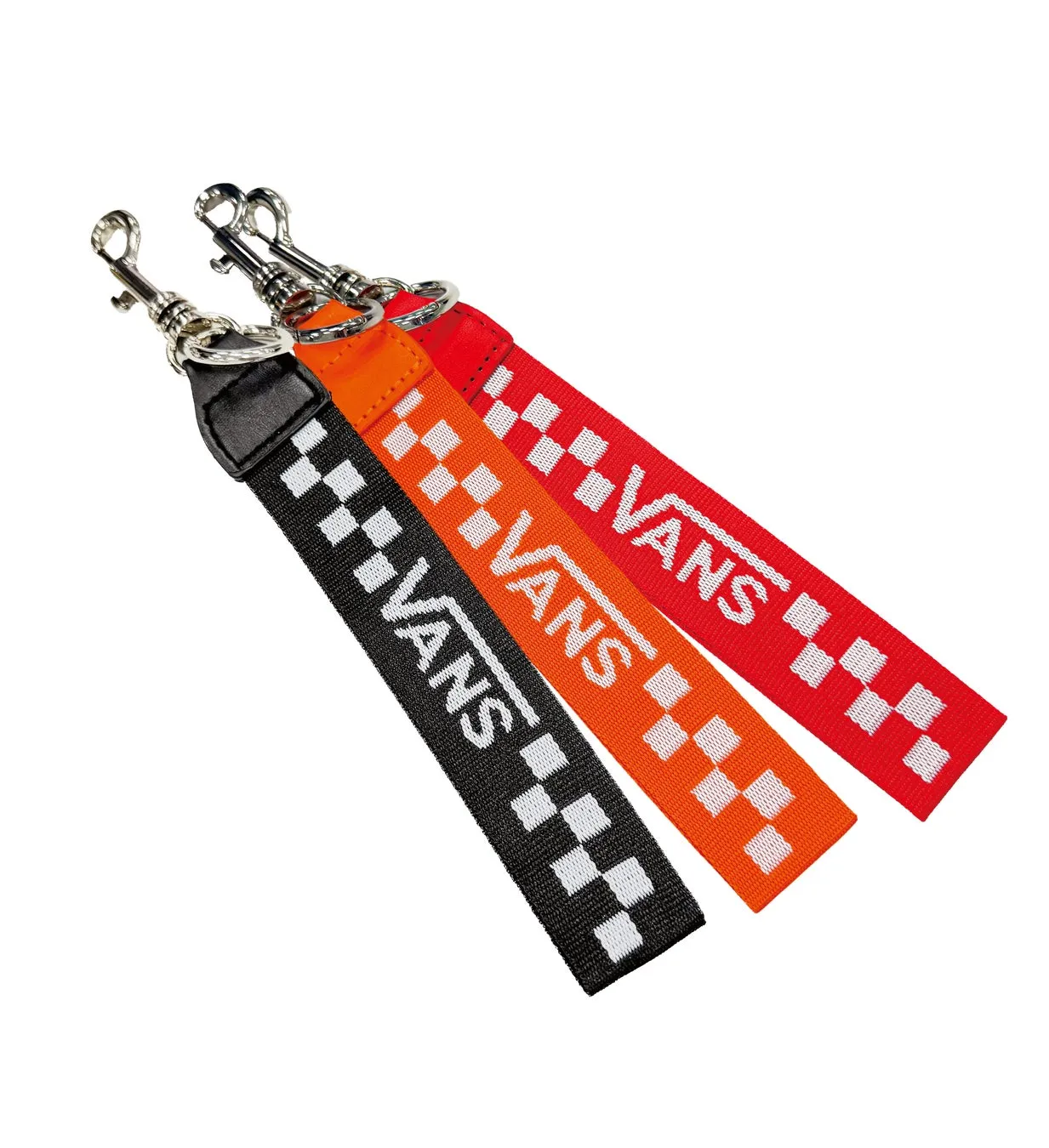 VANSのロゴが入った、黒、オレンジ、赤の3色のキーホルダー