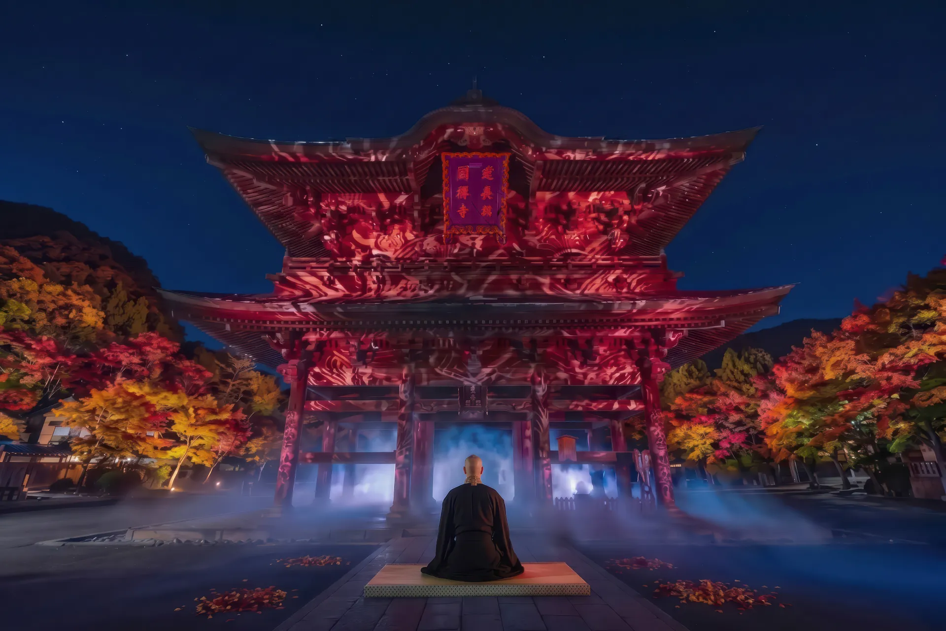 紅葉ライトアップで照らされた建長寺の三門