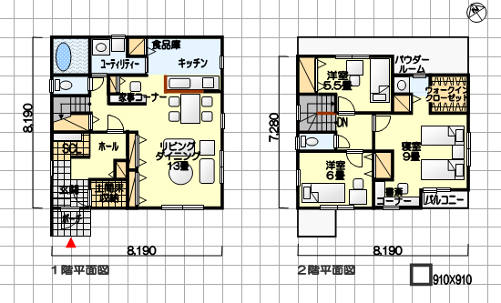 部屋数よりも機能重視の間取り図 シューズクローゼット、家事コーナー他 南玄関 3LDK 37坪 (41764)