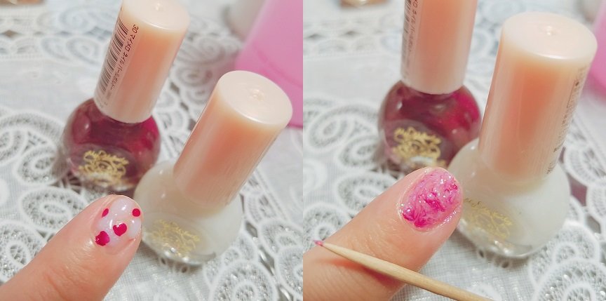 左：マイメロネイル 30 パールボルドー、右：マイメロネイル 21 シャイニーミルクホワイト
