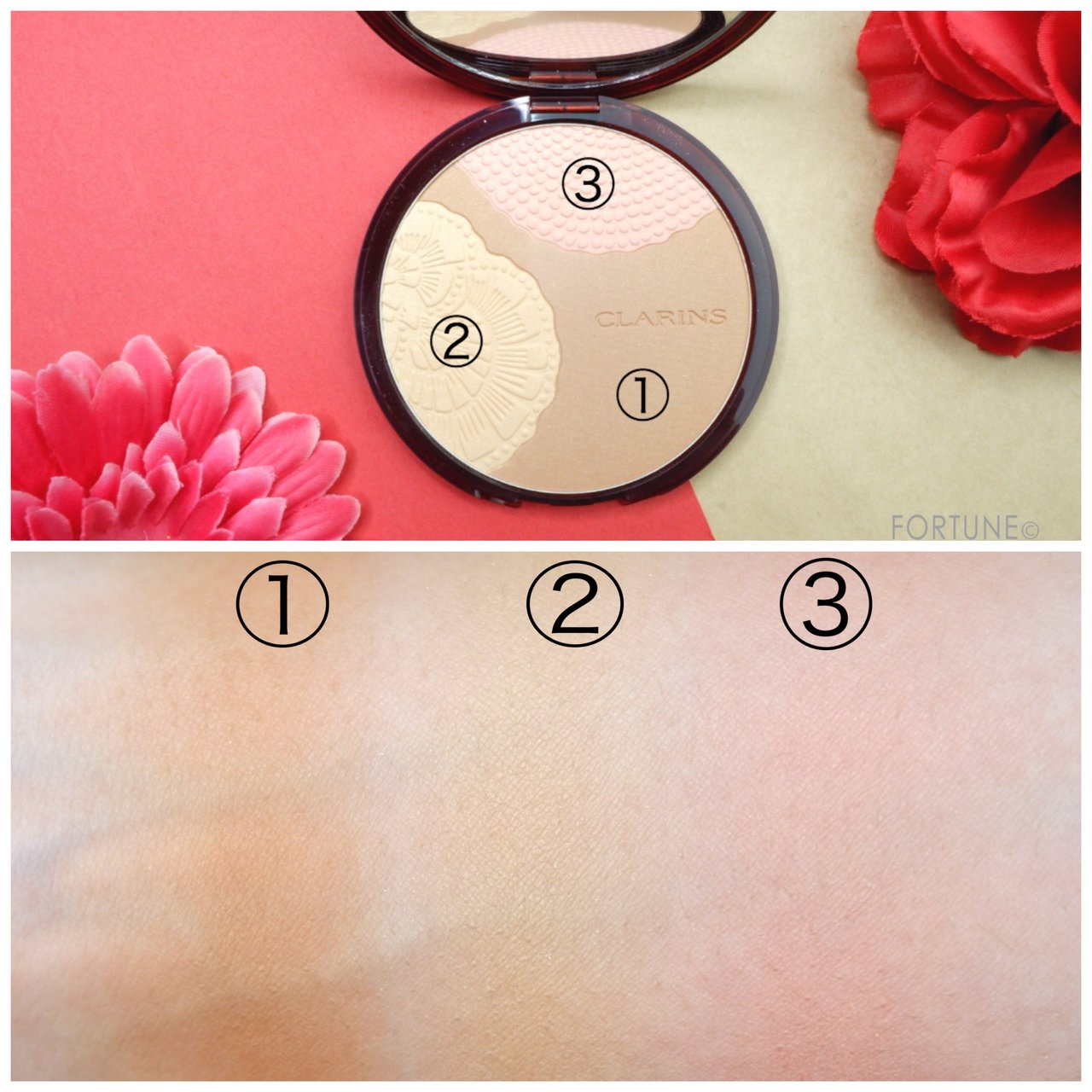 画像：クラランス 2019夏新作 Open Your Eyes Wide.　ブロンズ コンパクト　01 サンセットグロー　スウォッチ