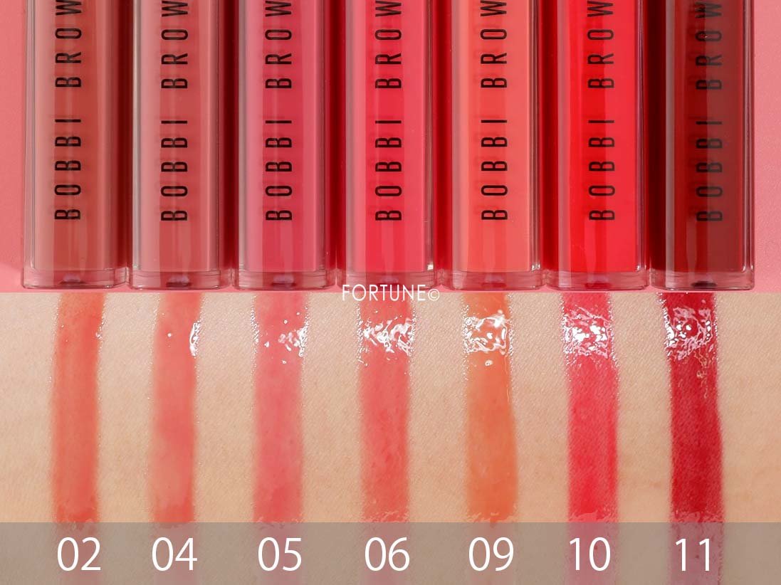 画像：ボビイ ブラウン「クラッシュド オイル インフューズド グロス」スウォッチ