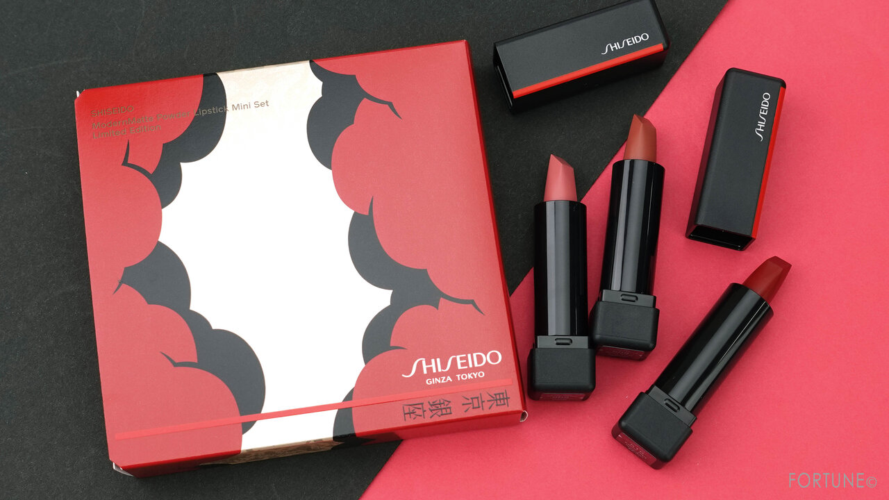 資生堂/SHISEIDO 2020ホリデーコレクション/クリスマスコフレ 新作コスメ「SHISEIDO モダンマット パウダーリップスティック ミニセット リミテッド エディション」スウォッチ・使用レポ・レビュー