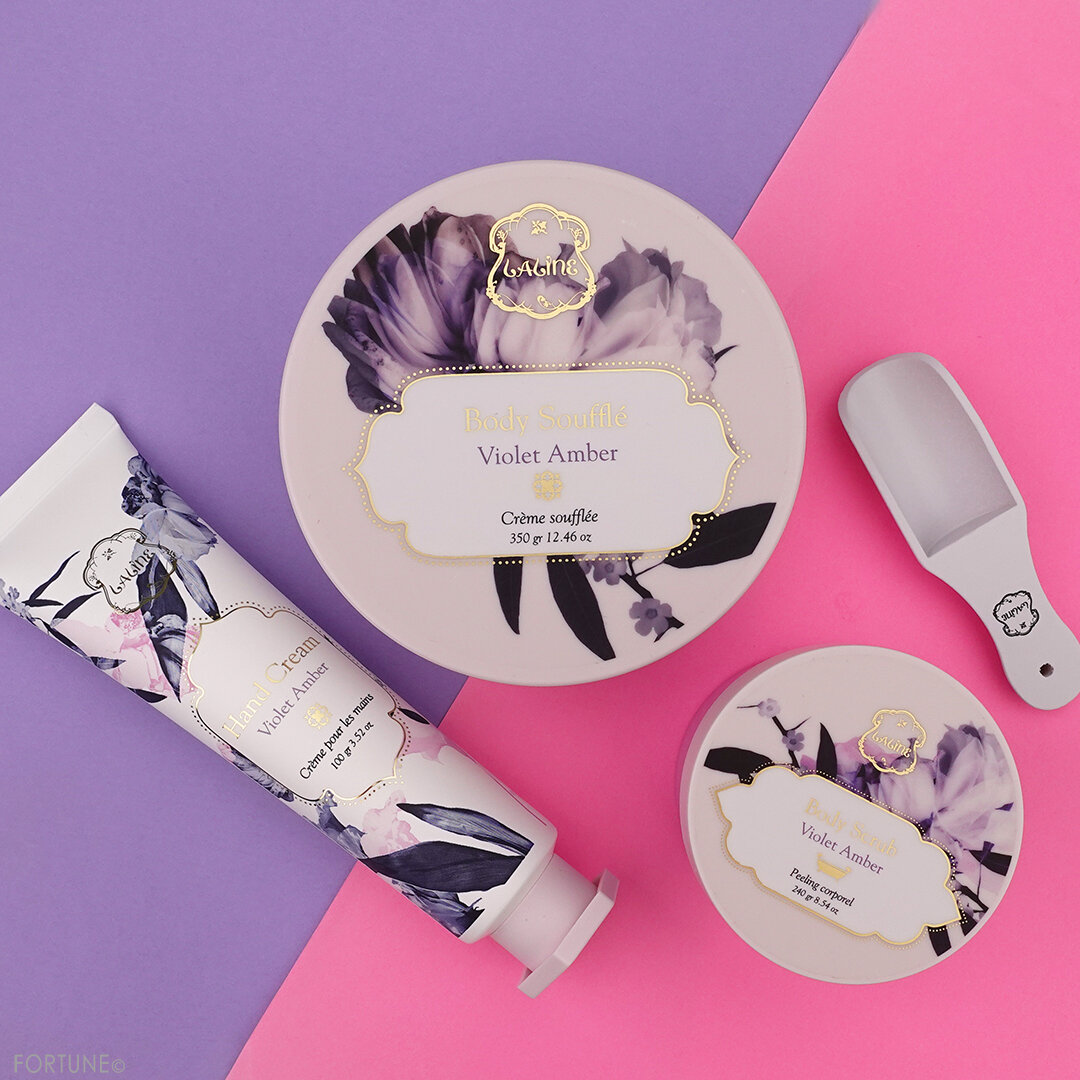 Laline(ラリン) 2021限定デザイン バイオレットアンバー「ボディスクラブ」「ボディソフレ」「ハンドクリーム」使用レポ・レビュー