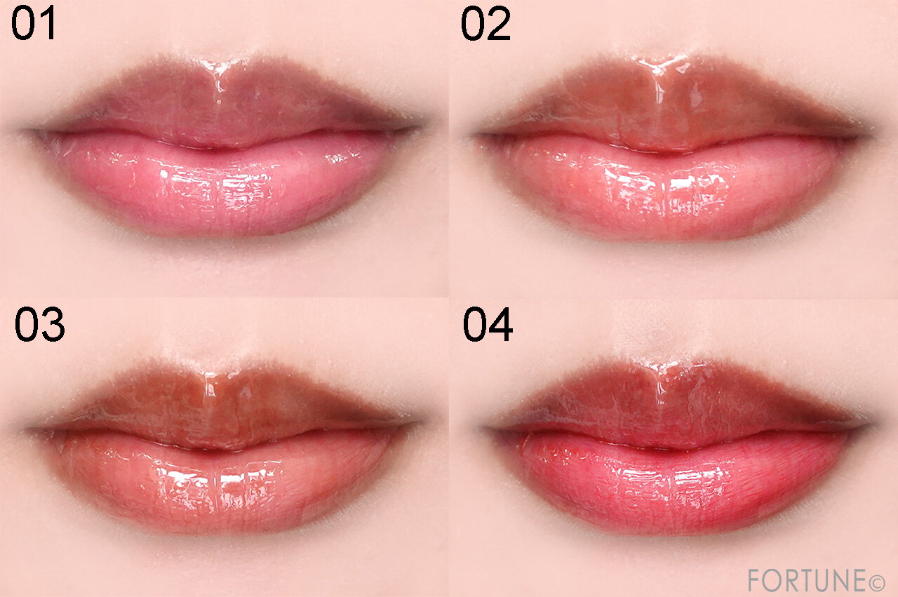 Lipit.（リップイット）　『Lipit.　クリッククリック ラバリップ』　01 ローズハニープリン　　02 ピーチシロップ　03 チョコフォンダン　04 ベリーフォンデュ