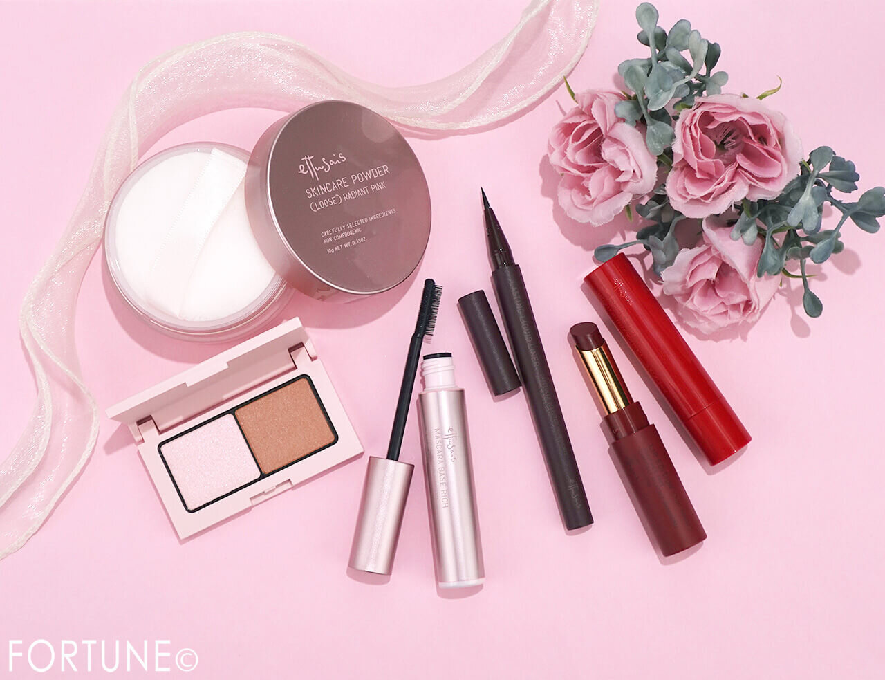 ettusais（エテュセ）　2025年冬新作コスメ　『エテュセ　マスカラベース　リッチ　ＬＥ』『エテュセ　スキンケアパウダー　（ルース）　ラディアントピンク』『エテュセ　リップエッセンス　ホット』『エテュセ　アイエディション　（カラーパレット）　ａ』『エテュセ　ラスティング　リキッドライナー　ａ』『エテュセ　リップエディション（ティントルージュ）』