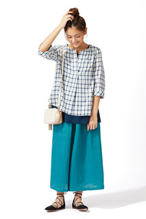 リブ イン コンフォート ふわっとスカート見え 麻混ロングキュロット〈グリーン〉|フェリシモ (377202)