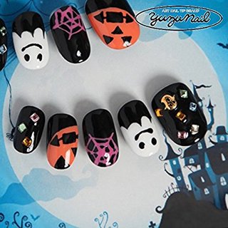 ゆずネイル｜ネイルチップ ホワイト系 オレンジ系 ブラック系 秋 ゴージャス ハロウィン ポップ・個性的（B12006-R-BK） (507334)