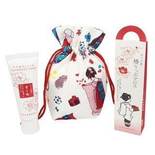 舞妓ちりめん巾着付きセット(椿りっぷグロス・ハンド&ボディミニ) | かづら清老舗 (580959)