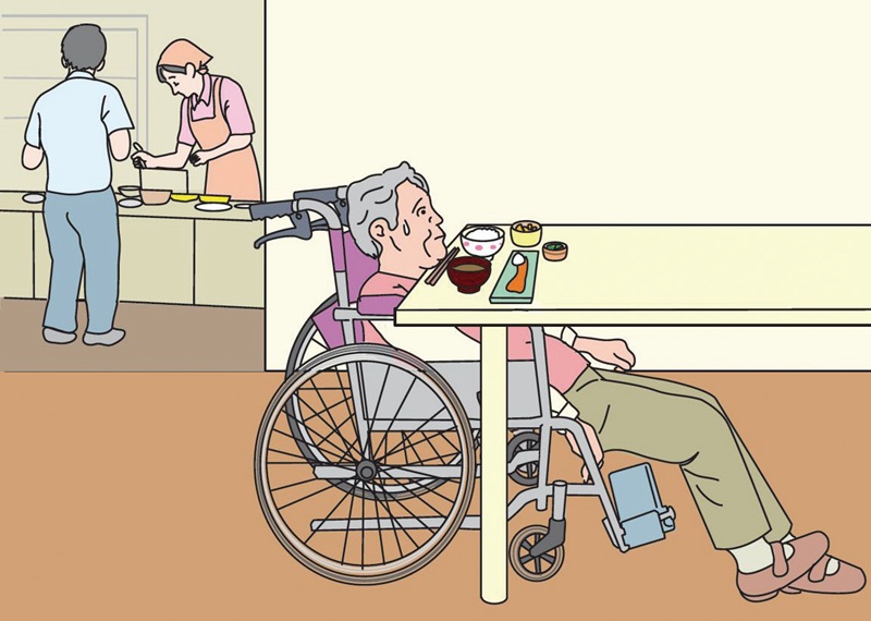 車いす上でずっこけ姿勢になり、すべ り落ちそうになる
