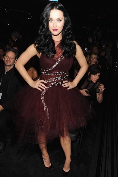 043 <strong>Katy Perry|ケイティ・ペリー</strong><br /><br />ケイティ・ペリーはグラミー賞のアフターパーティーにヴァレンティノのドレスで登場。スネークのモチーフを纏ったバーガンディのチュチュドレスに、同色のパンプスを合わせて、可愛らしさと遊び心をミックスしたコーディネイトに。