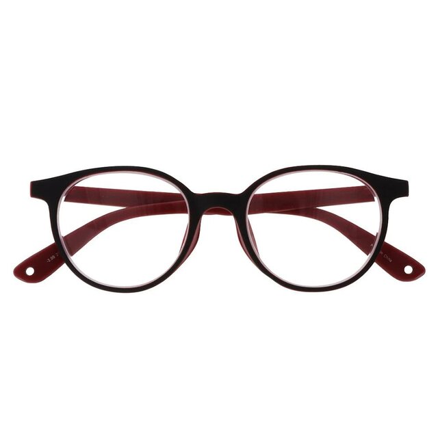深みのあるブラック＆レッドのメガネ。やさしいボストンシェイプで、くつろぎ時間にもなじむ軽やかなデザインです。金属不使用のオールプラスチック仕様でサビることがなく、扱いやすさも抜群。防曇レンズに対応しており、日常使いからリラックスタイムまで快適に過ごせます。