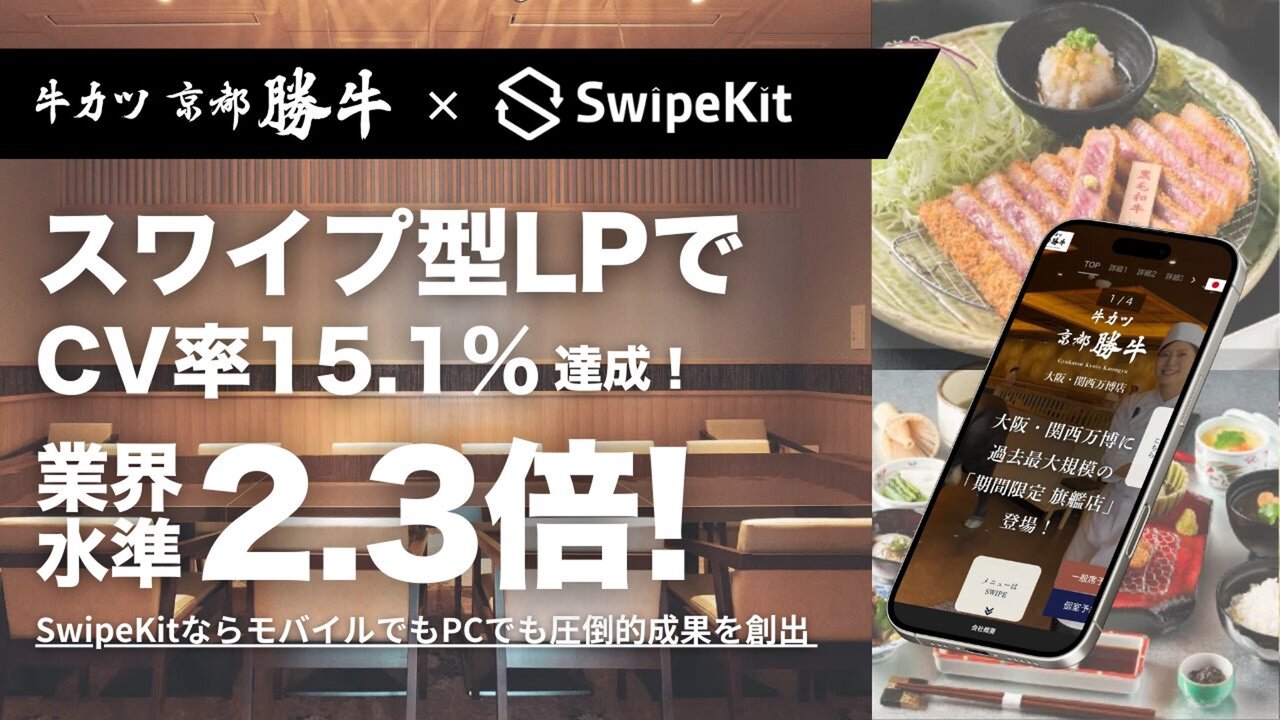 トライハッチ｜スワイプ型LP制作・分析ツール「SwipeKit」で目標CPAを23%下回る成果を達成。「牛カツ京都勝牛」大阪・関西万博店の高額"個室予約"で、CV率15.1%を記録