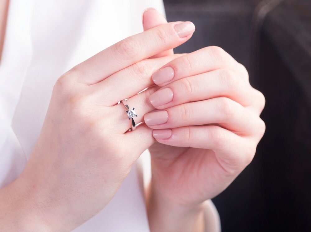 右手の薬指に指輪を着ける女性