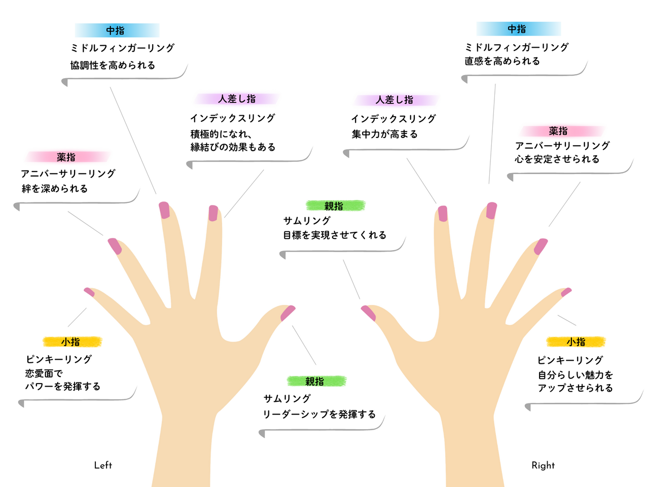 右手・左手の指別の指輪を着ける意味一覧のイラスト