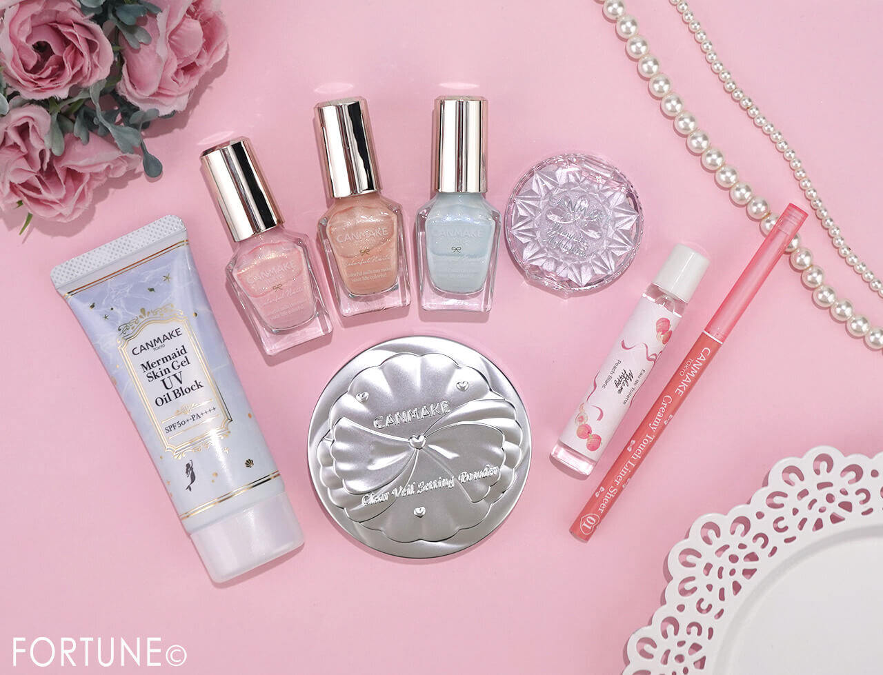 CANMAKE（キャンメイク）　2026年夏新作コスメ　『メイクミーハッピー オードトワレ』　『カラフルネイルズ』　『むにゅっとハイライター』　『クリーミータッチライナー　シアー』　　『マーメイドスキンジェルUV（オイルブロック）』　『クリアヴェールセッティングパウダー』