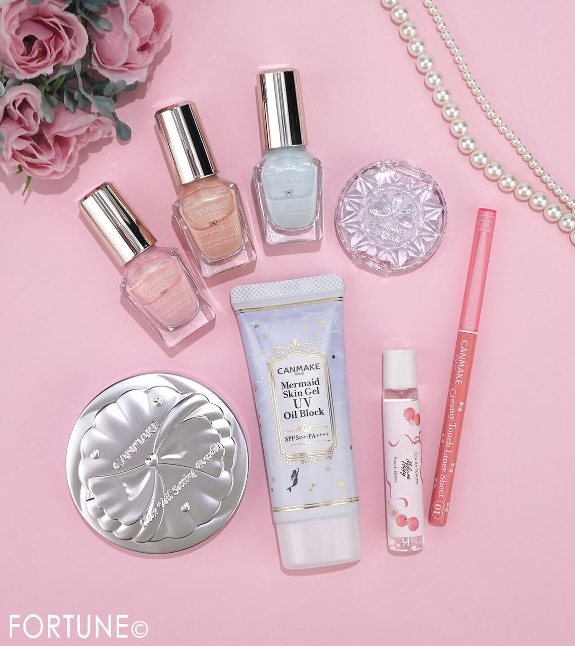 CANMAKE（キャンメイク）　2026年夏新作コスメ　『メイクミーハッピー オードトワレ』　『カラフルネイルズ』　『むにゅっとハイライター』　『クリーミータッチライナー　シアー』　　『マーメイドスキンジェルUV（オイルブロック）』　『クリアヴェールセッティングパウダー』