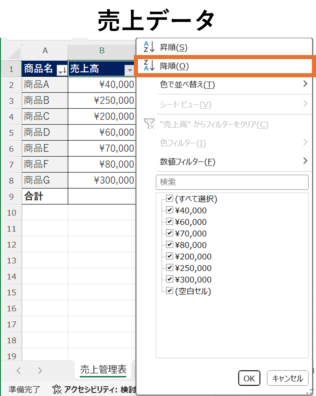 ABC分析用の商品別売上データ Excelサンプル