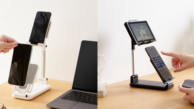 エレコム、スマホやタブレットを2台設置可能な専用スタンド4機種発表